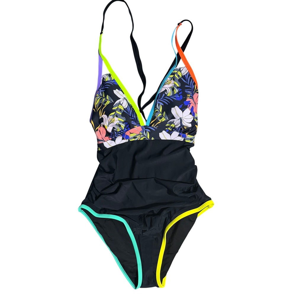 NWT Popvil One Piece Tummy Control Swimsuit Neon Color Block V Neck Large - Picture 4 of 7